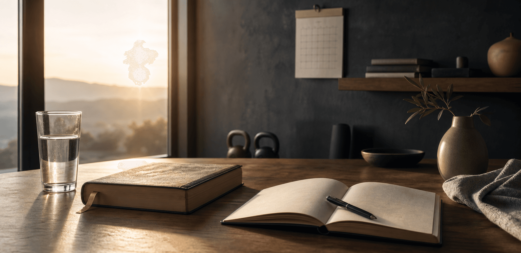 Morning light over a journal, book, pen, and daily habit materials